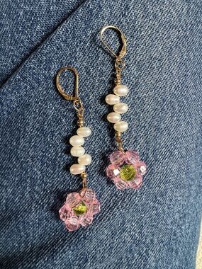 Susan Alexandra inspired Handmade Pink Flower Pearl Drop Earrings